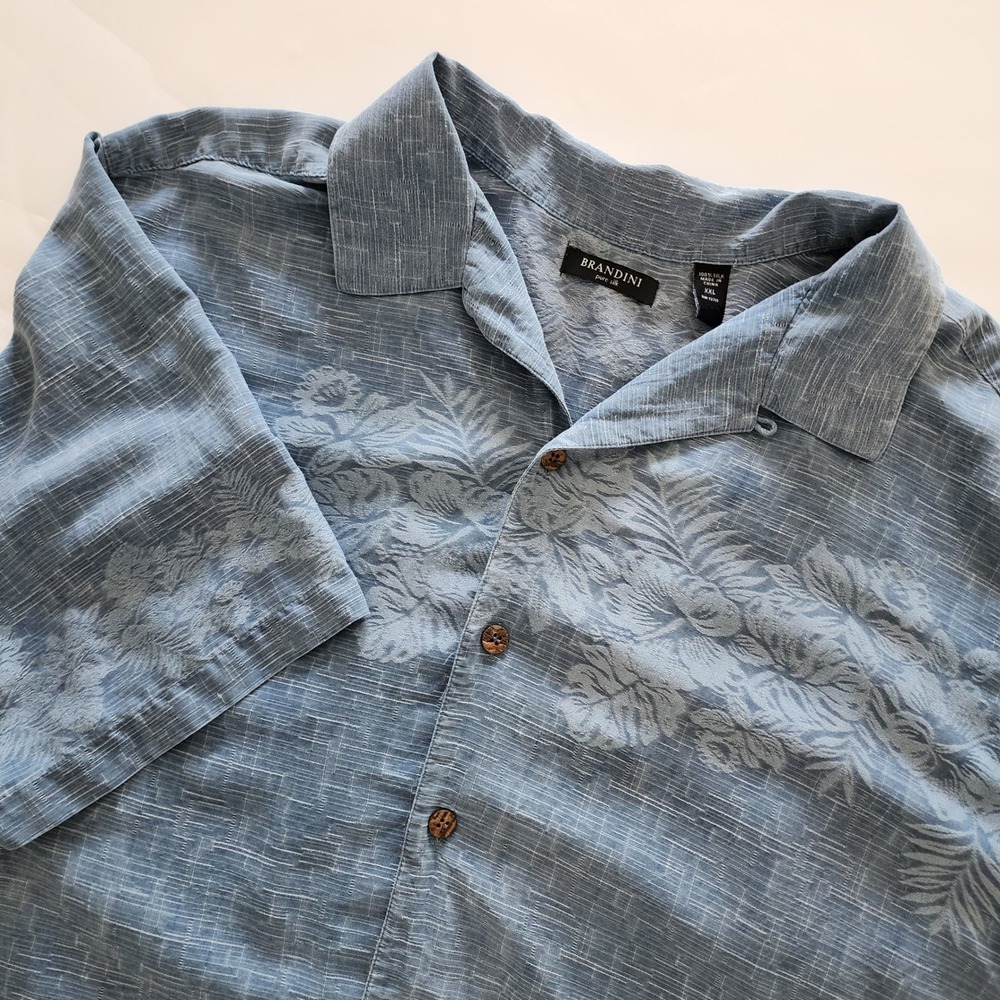 Brandini blue 100%‎ silk button front camp shirt short sleeve mens size XXL